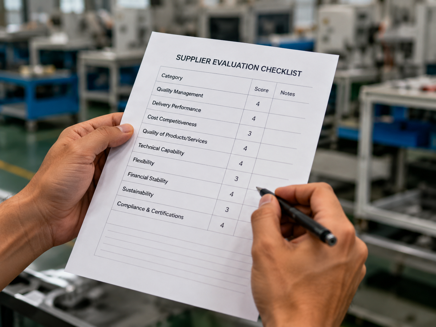 Supplier evaluation checklist in a factory environment